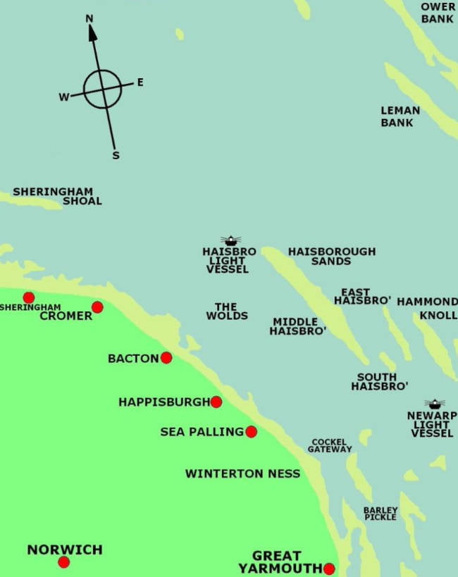 Kaart van de Noord-Norfolk kust met zandbanken en plaatsen
