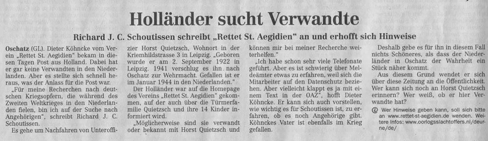 German newspaper article about Holländer seeking refugees
