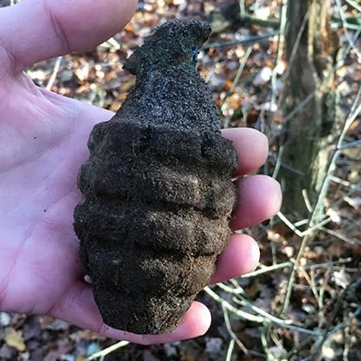 Hand holding dark pinecone or seed pod outdoors